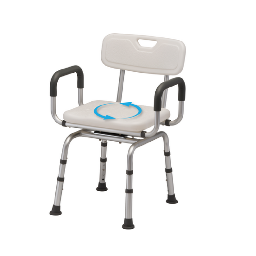 The Nova Medical Swivel Bath Seat features a 360° swiveling white seat, padded black arms, tool-free assembly, adjustable metal legs with rubber feet for stability, and cutout handles on the backrest and swivel bath seat for easy portability.